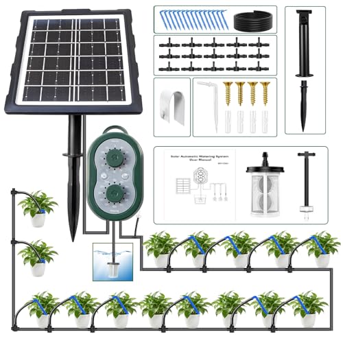 50FT Solar Automatic Drip Irrigation Kit System, Smart Self-Watering System with USB Charging for Ou...