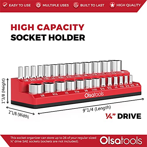 Image of Olsa Tools Magnetic Socket Organizer - 1 /4-Inch Drive SAE Socket Holder with Strong Magnets - Professional Tool Holder and Organizer - Stores up to 26 Sockets - Red - Part: 1069