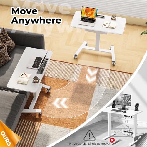 Image of Mobile Standing Desk with Drawer, 40 inch Small Standing Desk with Cup Holder, Rolling Laptop Workstaion on Wheels, Height Adjustable Table with Storage for Home Office, White