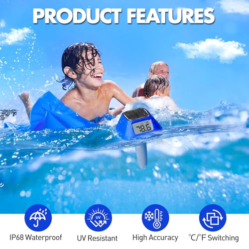 Image of Pircaath Next-Gen Solar Pool Thermometer Floating with Large Backlit Screen | Extra-Large LCD Display for Easy Read, Rope Included, IP68 Waterproof Digital Pool Water Temperature Gauge for Hot Tub, Spa