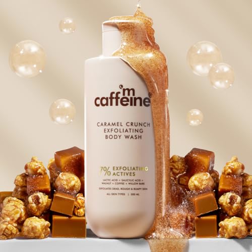 Image of mCaffeine 7% Exfoliating Body Wash 300ml | 1% Salicylic & 2% Lactic Acid | Summer Bodywash for Dry Skin| Reduces Body Acne & Ingrown Hair | Smooth, Hydrated Skin | Sweet Caramel Shower Gel for Women & Men
