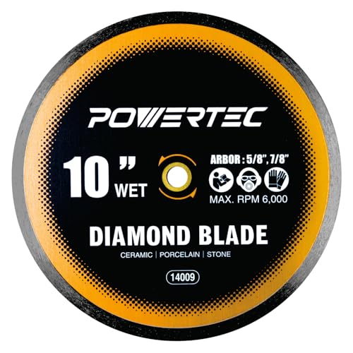 Image of POWERTEC 10 inch Continuous Rim Diamond Saw Blade for Wet Tile Saw, Diamond Blade for Cutting Ceramic, Porcelain, Natural Stone Tile, Wet Cutting Only 10 inch Diamond Blades, 1 Pack (14009)