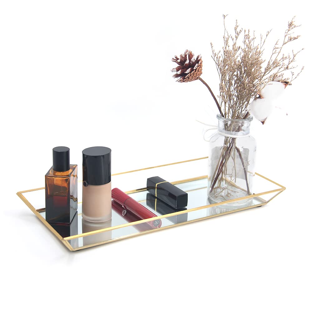 Affogato Gold Decorative Tray Rectangle Mirror Tray Brass Vanity Tray Dresser Tray Ornate Tray Metal Decorative Tray For Perfume, Jewelry, Cosmetics, Makeup Bathroom,Bedroom Countertop