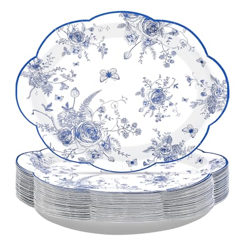 50Pcs Blue Floral Oval Plates 10" x 12" Large Chinoiserie Scalloped Plates