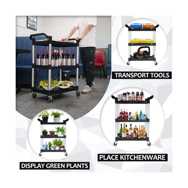 Plastic-Utility-Carts-with-Wheels-Heavy-Duty-510lbs-Capacity-Rolling-Service-Cart-3-Tier-Restaurant-Food-Cart-with-Hammer-for-Office-Warehouse-Garage-Lockable-Wheels-Black Plastic-Utility-Carts-with-Wheels-Heavy-Duty-510lbs-Capacity-Rolling-Service-Cart-3-Tier-Restaurant-Food-Cart-with-Hammer-for-Office-Warehouse-Garage-Lockable-Wheels-Black