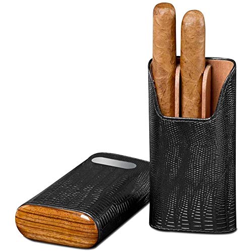 Brizard & Co Lizard Black Leather and Zebrawood Cigar Case with Plate