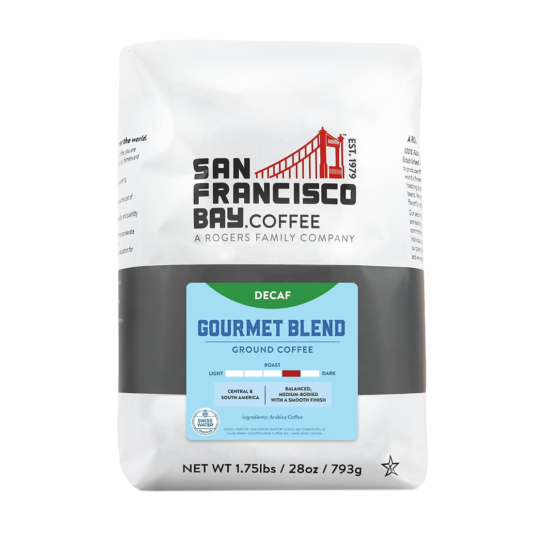 SF Bay Coffee DECAF Gourmet Blend 28 oz Bag, Ground Medium Roast, Swiss Water Process Decaffeinated