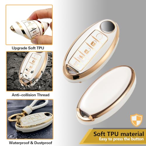 Image of for Nissan Key Fob Cover with Luxury Metal Braided Rope Keychain,Upgraded Soft Key Case for Nissan Key Shell (5 Button only) (Gold, Braided Rope)