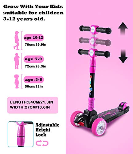 SULIVES Kick Scooter for Kids 3 Wheel Scooter 3 Adjustable Height Lean to Steer with PU Flash Wheel for Ages 3-5 6-12 Children Girls and Boys Rose Red - Thumbnail 3