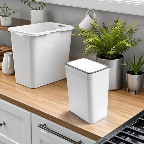 Caneca de basura de plástico con tapa presionable blanca miniatura 3