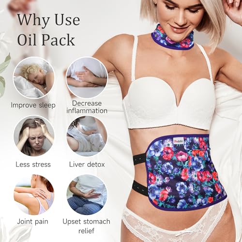 Image of Reusable Castor Oil Pack Wrap for Liver Detox, Castor Oil Wrap for Stomach Less Mess, Elastic Strap Bamboo Cotton Machine Washable Anti Oil Leak 2pcs, Red Flower