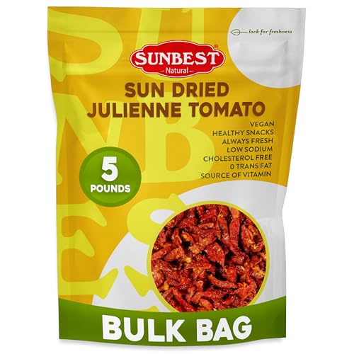 Sunbest Natural Julienned Sun-Dried Tomatoes – 5 lb Bulk Bag (80 oz) – Intense &amp; Zesty Flavor – Moist &amp; Ready to Eat – Vegan, Kosher, Non-GMO – Perfect for Snacking &amp; Recipe Enhancing