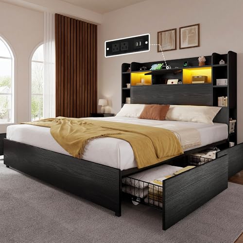 YITAHOME Queen Size Bed Frame with Bookcase Headboard and 4 Storage Drawers, RGB LED Bed Frame with Type-C & USB Charging Station Storage Headboard Bed, No Box Spring Needed, Noise Free, Black