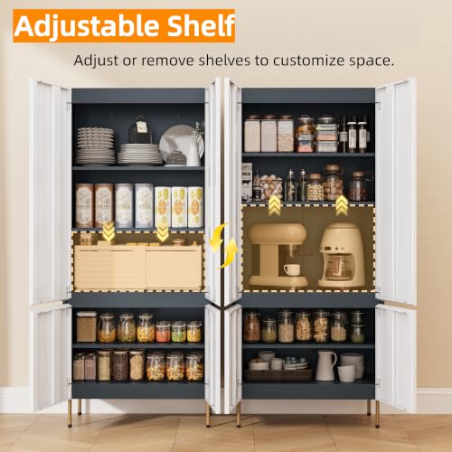 Image of 71 inch Metal Storage Cabinet with Doors, Tall Pantry Cabinet,Gray | 4 Magnetic Doors, Adjustable Shelves, Freestanding Storage Cabinets for Kitchen, Living Room, Bathroom, Office,Dining