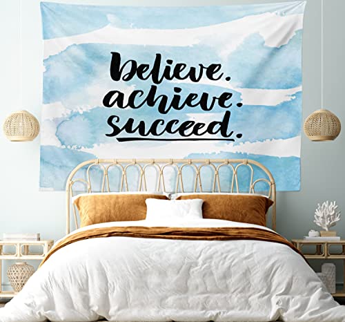 Lunarable Inspirational Saying Tapestry, Believe Achieve Succeed Positive Challenging Saying Brush Lettering, Fabric Wall Hanging Decor For Bedroom Living Room Dorm, 30" X 45", Blue #TOP4