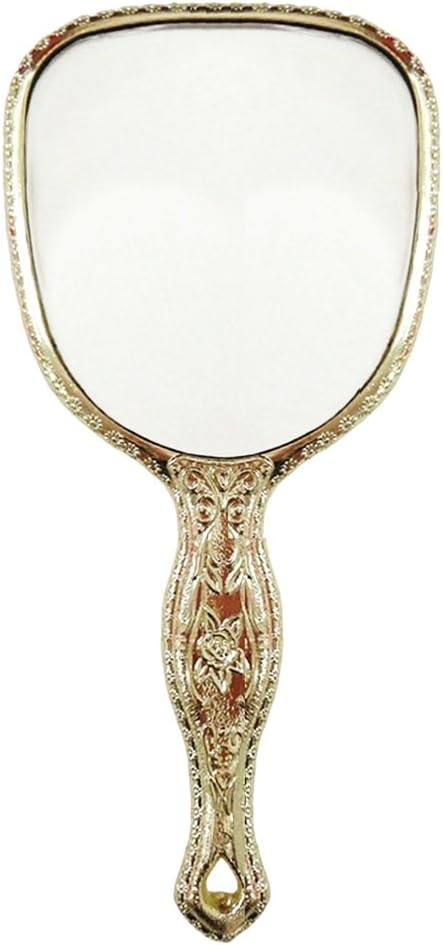 Antique Hand Held Vanity Mirror Floral Design Make Up Mirrors Portable (Gold)