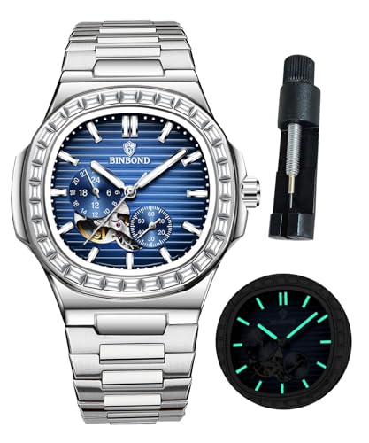 Image of BINBOND Silver Watch for Men Blue Dial Analog Quartz Stainless Steel Men Wrist Watch Diamond Day Date Luminous Mens Watches Large Wrist Classic Water Resistant Gift for Father&Husband&Friend