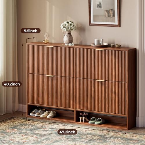 Image of Evermagin 47.2''W Walnut Shoe Cabinet Storage for Entryway, Fluted Slim Shoe Dresser with 4 Flip Drawers, Narrow Shoe Rack Cabinet, Hidden Shoe Organizer Cabinet for Entrance, Hallway