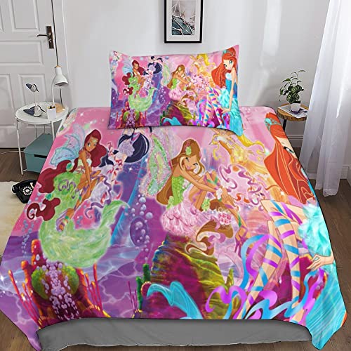 RINISA Housse De Couette Winx Club 3D Motif Imprimé Parure De Lit en Microfibre avec Fermeture Éclai avec Taies d'oreiller 48x75cm Unique（135x200cm）