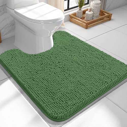 Image of OLANLY Toilet Rugs U-Shaped 24x24, Extra Soft Absorbent Chenille Contour Bathroom Rugs for Toilet, Dry Quickly, Machine Washable, Non-Slip Bath Mat, Olive Green