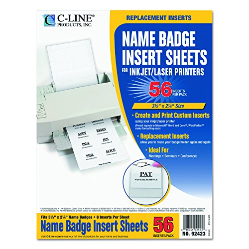 C-Line Replacement Inkjet/Laser Printer White Badge Inserts, 3-1/2" x 2-1/4", 8/Sheet, 7 Sheets, 56 Inserts per Pack (92423) #1