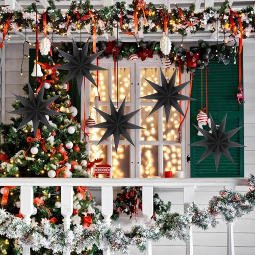 Image of 12 Inches 5 PCS Black Paper Star Lanterns Hanging Stars Christmas Party Decorations Hanging Lampshade Christmas Wedding Birthday Christmas Home Party Decorations(9 Pointed)