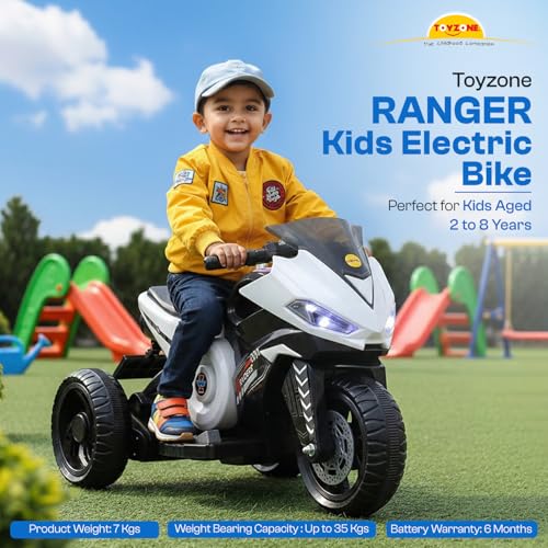 Image of Toyzone Ranger Electric Bike (White) | 6V Rechargeable Bike for Kids with 4.5Ah Battery | LED Lights, Music, MP3 /USB /BT | Smooth Acceleration | 6M Battery Warranty | Age 2-8 Years, Up to 35kg