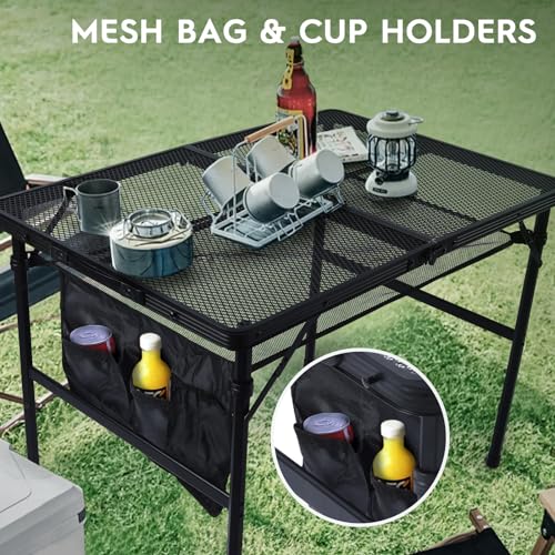 WildFinder 3x2 FT Folding Grill Table, Portable Camping Table for Outside, Adjustable Height Folding Table with Desktop & Mesh Bag, Lightweight Outdoor Table for Camping, Picnic, BBQ