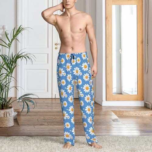 Mens Pajama Pants - Bright Daisy White Print Soft Sleep Lounge Pants For Men, Casual Pj Bottoms With Pockets2