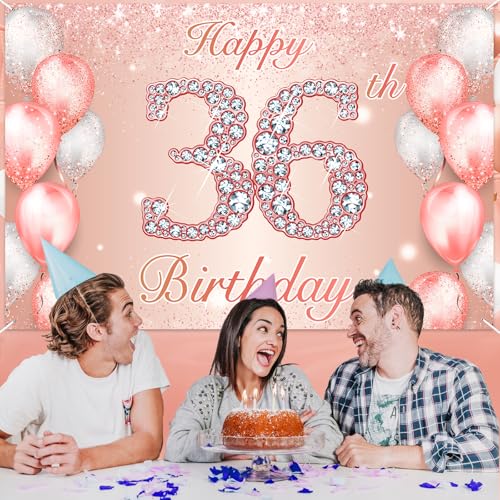 Image of Happy 36th Birthday Rose Gold Banner Cheers to 36 Years Old Backdrop Confetti Balloons Theme Decor for Women 36 Years Old Pink Birthday Party Decorations Bday Supplies Background Favors Gift Glitter