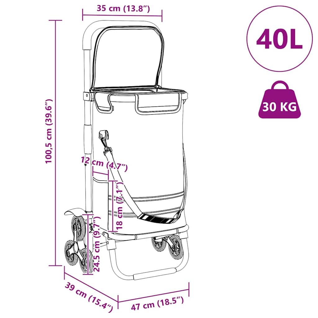 Carrello per la spesa in tessuto Oxford, 47 x 39 x 100,5 cm, pieghevole e stabile, portata 30 kg, resistente alle intemperie, per supermercato, mercato settimanale, rete per frutta