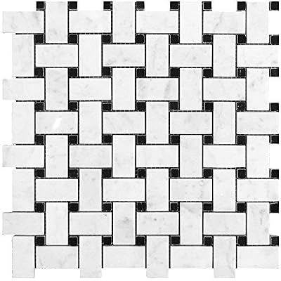 Apollo Tile 12 x 12 in. Basketweave Mosaic White Polished Bianco Carrara and Eastern Black Marble Tile 5-Pack APLKB88B04A for Bathroom, Garage, Shower Walls or Flooring, Kitchen Backsplash, Patios