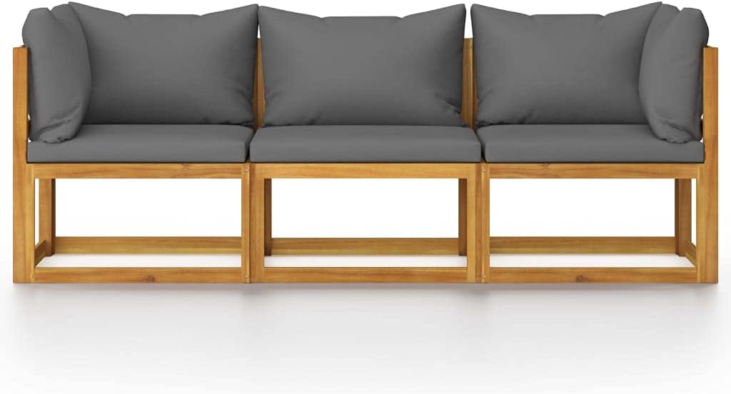vidaXL Solid Acacia Wood 3-Seater Patio Sofa with Cushions, Dark Gray Fabric, Rustic Charm, Adjustable and Comfortable Outdoor Lounge Set