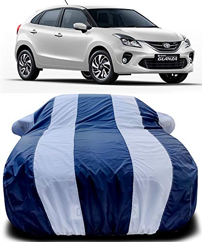 Image of PURPLEHEART Car Body Cover Compatible with Toyota Glanza Car Cover Body with Mirror Pocket Triple Stitched Bottom Elastic Water Resistant UV Protection & Dustproof Car Cover-Blue & White