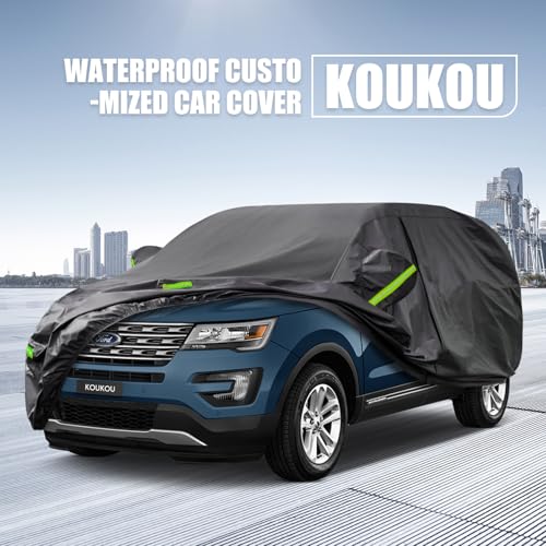 Image of KouKou Waterproof SUV Car Cover Suitable for Ford Explorer from 1995 to 2025, 7 Layers Windproof All Weather Waterproof Outdoor Cover Sun Rain UV Dust Snow Protection. Black