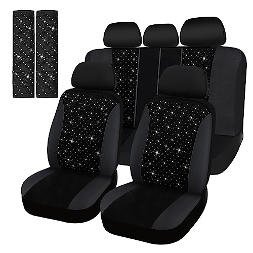 Bling Car Seat Cover Full Set Velvet Seat Cover Women Breathable Full Set Vehicle Seat Protector Black Mesh Auto Seat Cover Universal Fit for Most of Sedan SUV Truck Minivan Airbag Compatible (Silver)