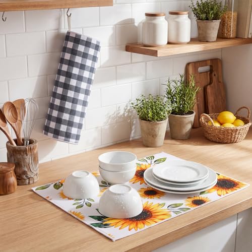 Image of Domensi 2 Pack Yellow Sunflower Microfiber Dish Drying Mat Absorbent Reusable Washable Extra Large Kitchen Counter Draining Mat Black Gingham Pad for Coffee Bar Kitchen Decor 18x24 Inch