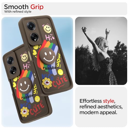 Image of Pikkme Back Cover for Oppo F23 5G | Soft Silicone| Cute Rainbow Smile & 3D Cartoon Flower Design | Shockproof Raised Camera Protection Bumper Case (Brown)