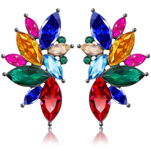 Bohemian Statement Sparkly Colourful Fancy Rhinestone Crystal Flower Dangle Drop Stud Earrings Vintage Wedding Bridal Prom Earrings for Women