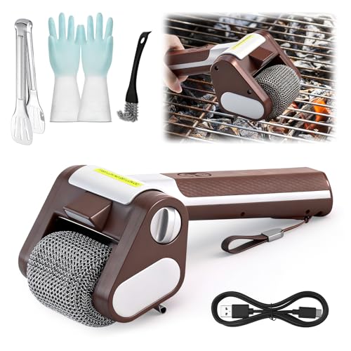 Feelhap Cepillo Eléctrico para Parrilla de Acero Inoxidable, Cepillo Eléctrico para Barbacoa con Luz LED, Limpiador de Parrilla Eléctrico sin Cerdas, Limpiador Inalámbrico Recargable Giratorio de 360°