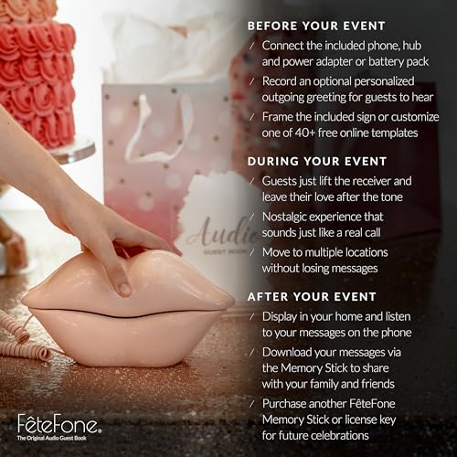 FeteFone The Smooch Retro Audio Guest Book Phone, Unique Voicemail Message Recorder, Guestbook Alternative for Wedding, Bridal Shower, Birthday Party, Baby Shower, Anniversary, Engagement