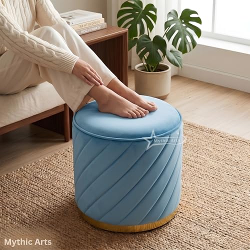 Image of Mythic Arts Ottoman Stool, Puffy Stool, Sitting Stool, Modern Upholstered Round Ottoman, Dressing Table for Living-Sky Blue