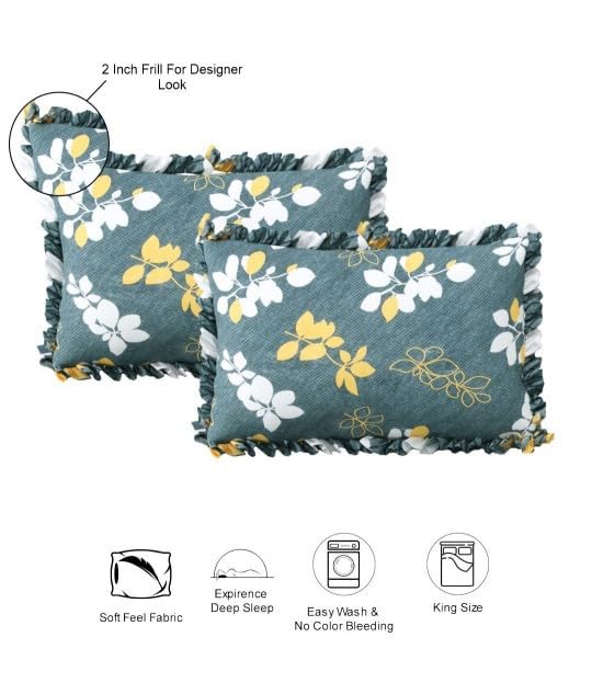 Image of 350 TC Premium Heavy Cotton Feel Elastic Fitted Bedsheet King Size with 2 Frill Pillow Covers King Size || Double Bed with All Around Elastic (Green Yellow, Queen)