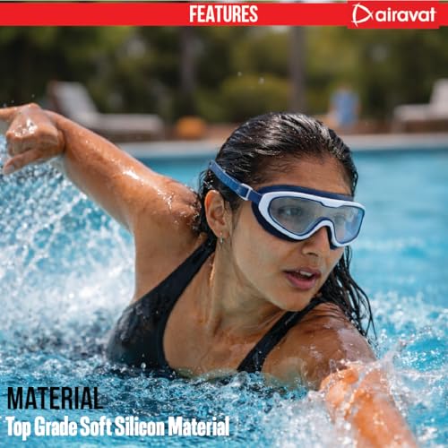 Image of AIRAVAT Shore swimming goggles, polycarbonate goggles, No Leaking Anti-Fog Pool Goggles for Adult Men Women Youth, UV Protection, 180 Clear Vision, Free size (Navy Blue Combo)