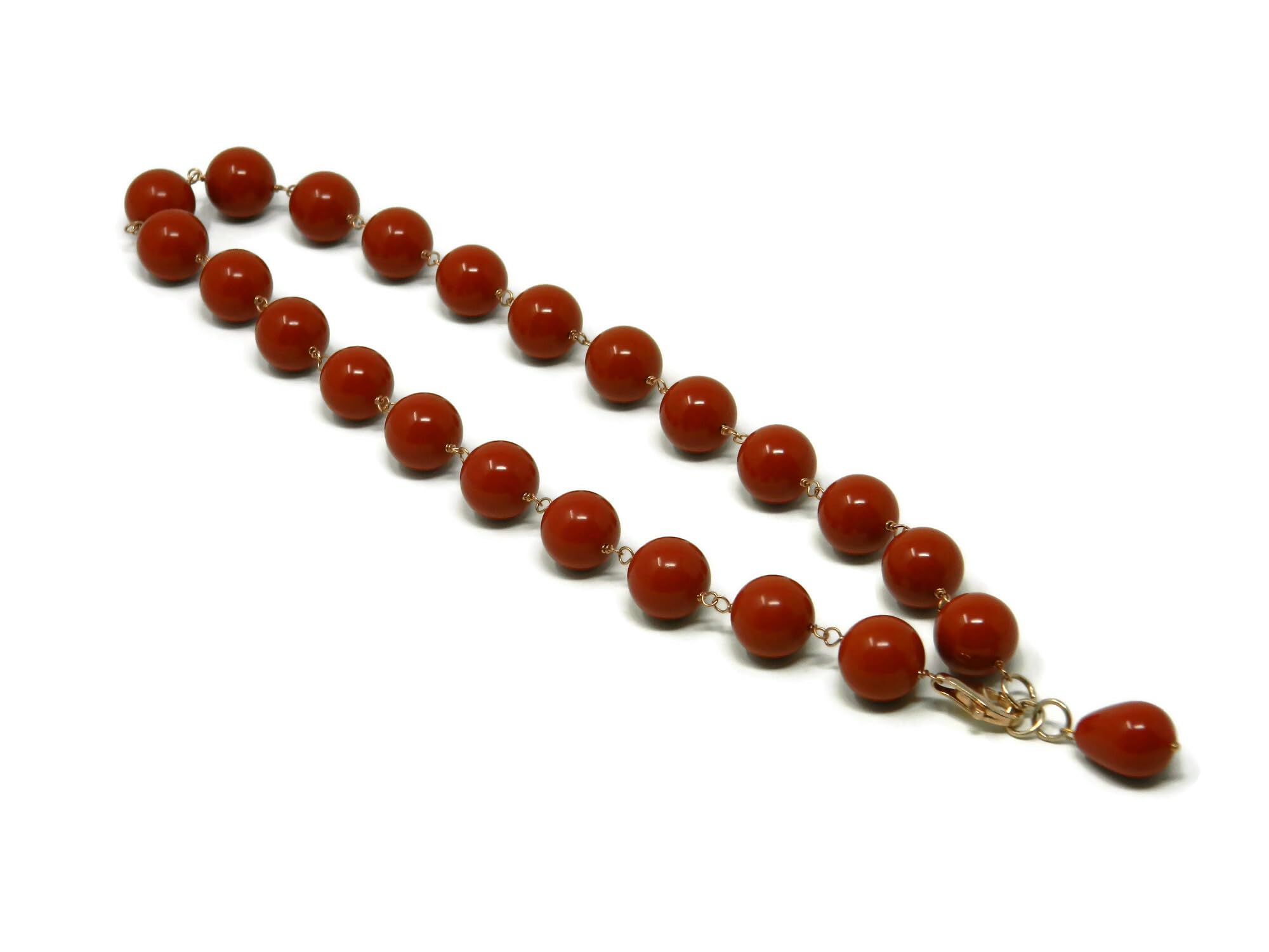 Collana girocollo donna in pasta di corallo rosso Sardegna – Palline 14 mm e goccia pendente 12x16 mm – Argento 925 placcato oro rosa – Handmade Made in Italy - DodiGioielli