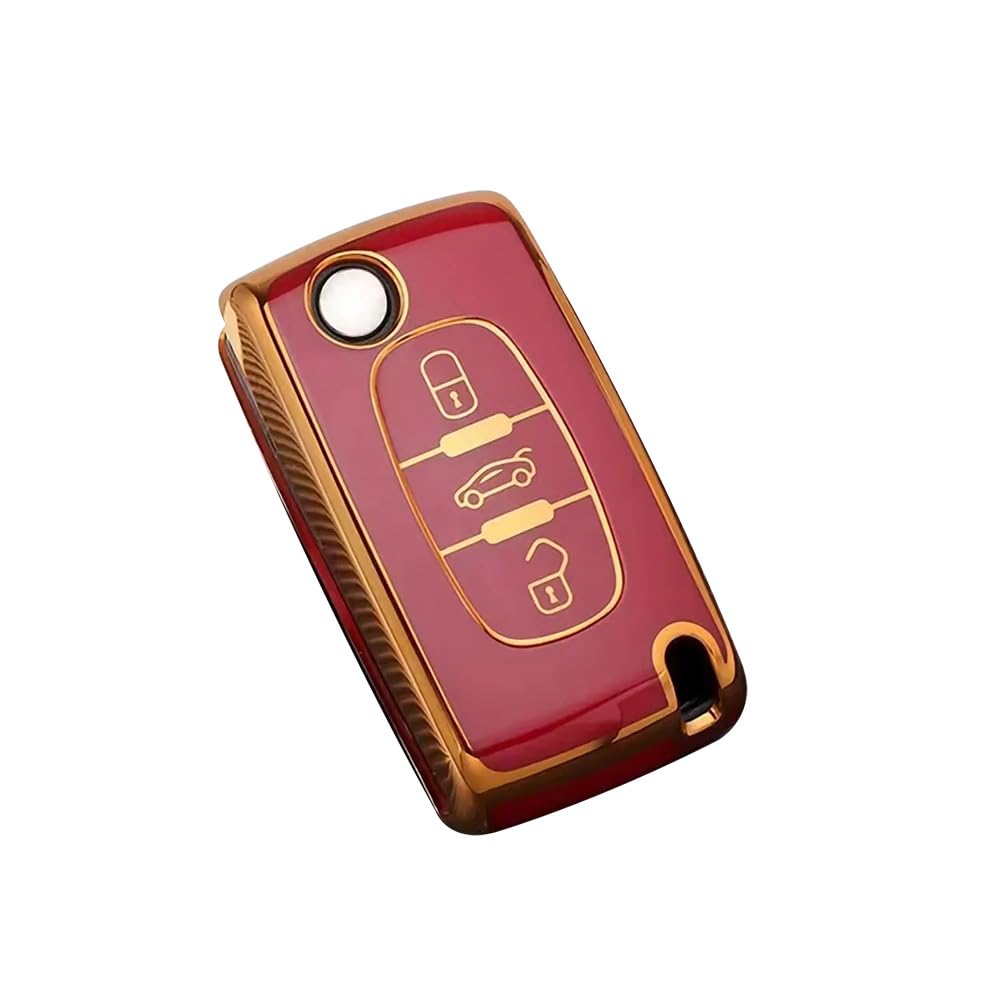 HIBEYO Car Key Case Fits Peugeot 207 407 308 607 Key Cover Silicone TPU Protective Case for Citroen C1 Picasso Berlingo C-Crosser Key Bag Key Case Flip 3 Buttons Gold Red