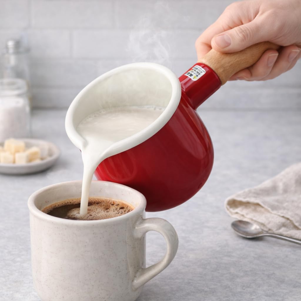 0.6qt Mini Enamel Milk Pot [ Designed in Japan ] 18.6 fl oz Butter Melter Milk Boiler Mini Saucepan with Pour Spout Butter Melting Pot Milk Pot for Stove Chai Pot (Red)