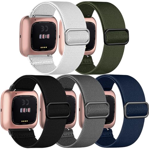 Chinber 5 Pack Bands Compatible with Fitbit Versa 2 Bands, Soft Adjustable Nylon Sport Band for Fitbit Versa Smart Watch Women Men