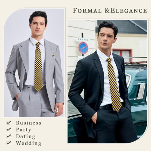 Image of Enlision Mens Ties Stripe Tie and Pocket Square Set Classic Formal Woven Neckties Handkerchief Cufflinks Wedding
