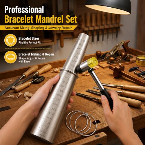 Image of Ring Sizer Measuring Kit with Metal Ring Mandrel, Bracelet Sizer Mandrel & Rubber Mallet Hammer, Steel Jewelry Making Tools for Ring Sizing, Resizing, Repair and Bracelet Forming(12-Bracelet Sizer)